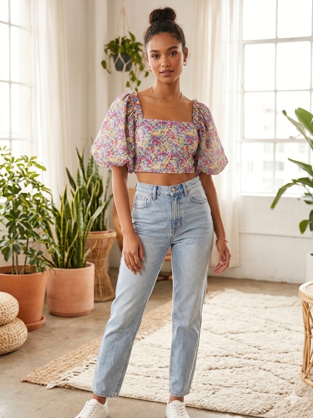 Meet me in Santorini Floral Square-Neck Puff Sleeve Crop Top - Multicolor - Picture 2 of 2
